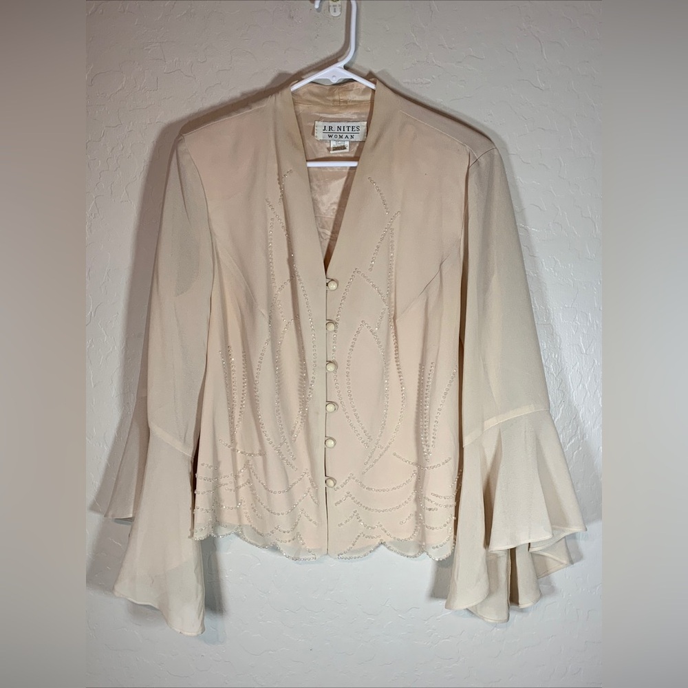 J R Nites Women’s Blouse Size 16W Cream Polyester Blazer Shoulder Pads Beaded